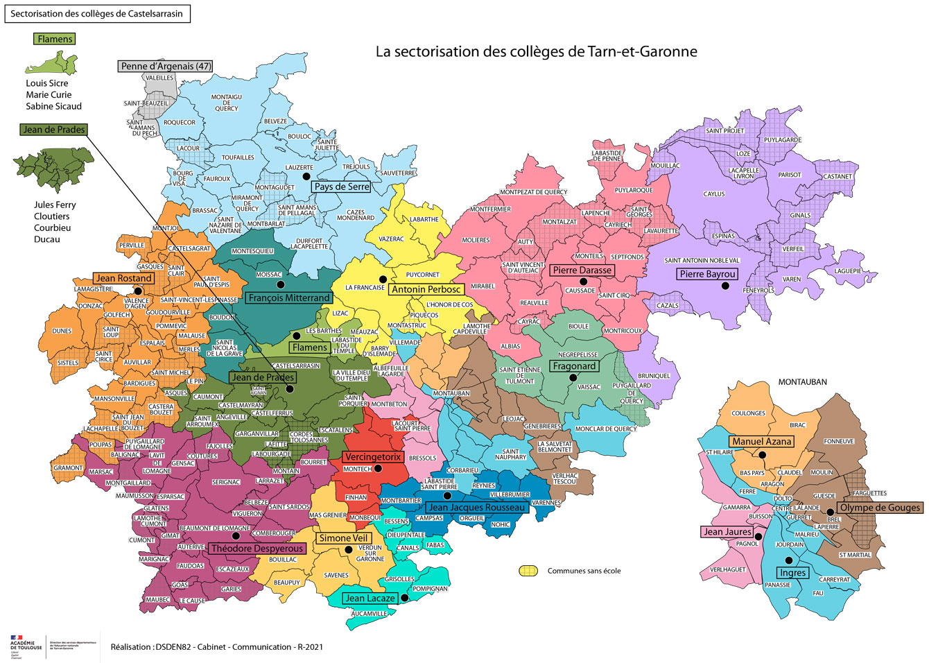 Carte représentant les différents secteurs des collèges