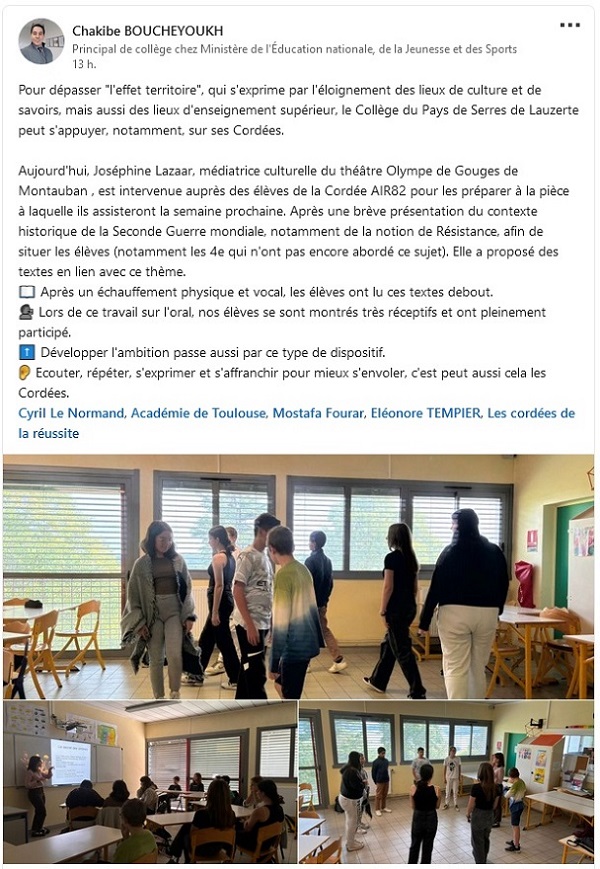 Les élèves du collège du Pays de Serre de Lauzerte s'exercent au théâtre avec Joséphine Lazaar, médiatrice culturelle du théâtre Olympe de Gouges