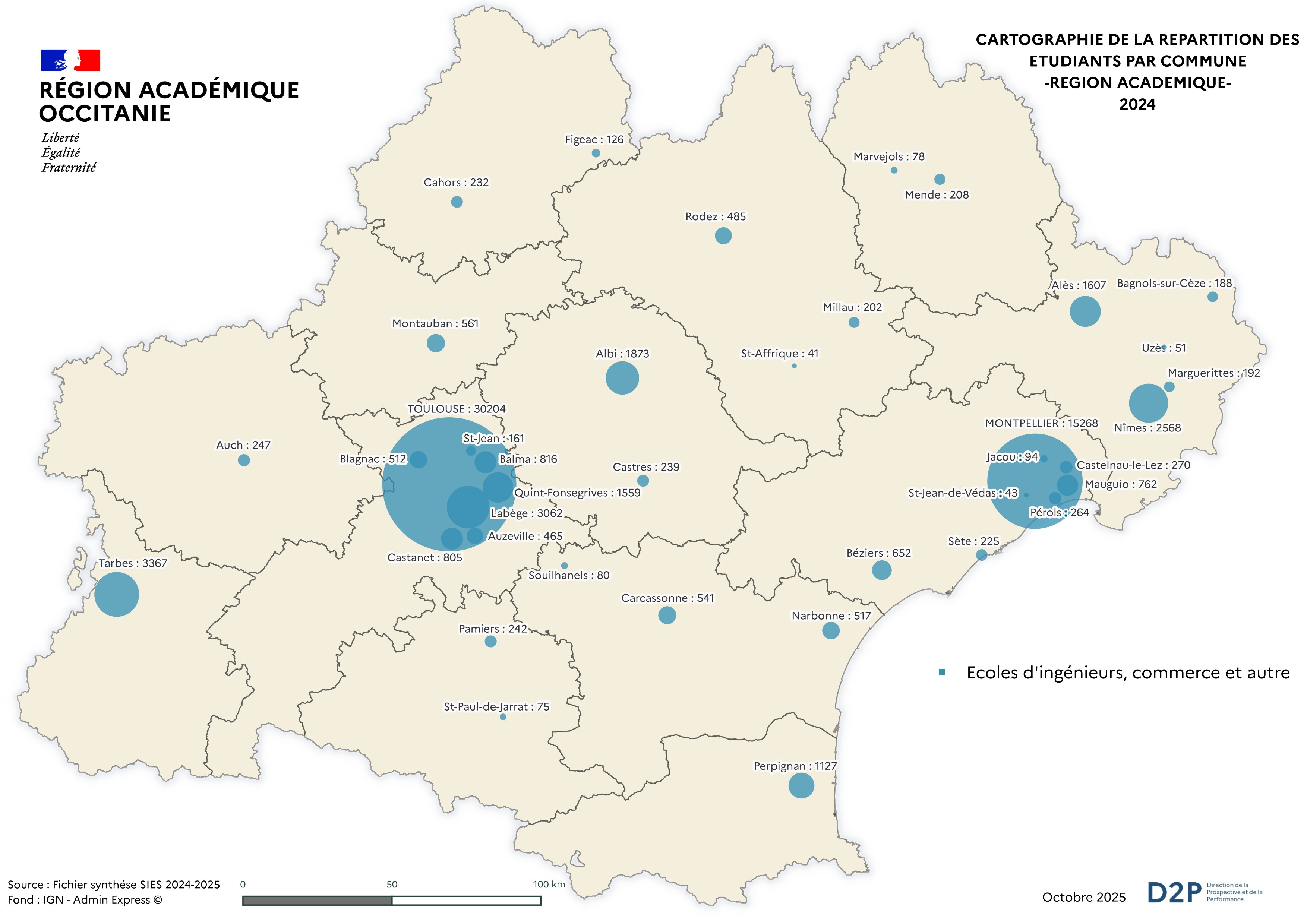 D2P - Carte des effectifs des écoles (ingénieurs, commerce et autres) en Occitanie -Rentrée 2024