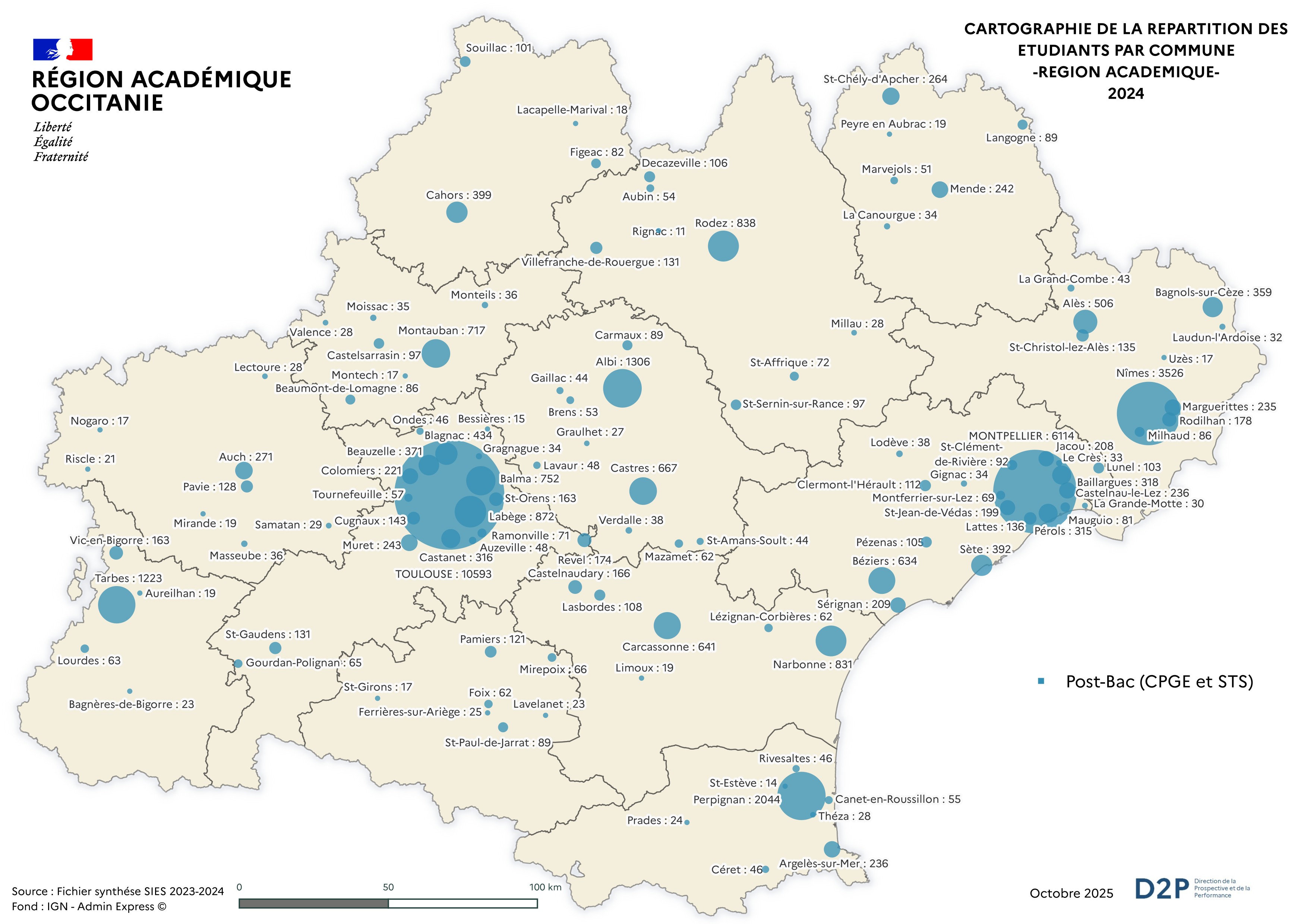D2P - Carte des effectifs post-bac des lycées en Occitanie -Rentrée 2024