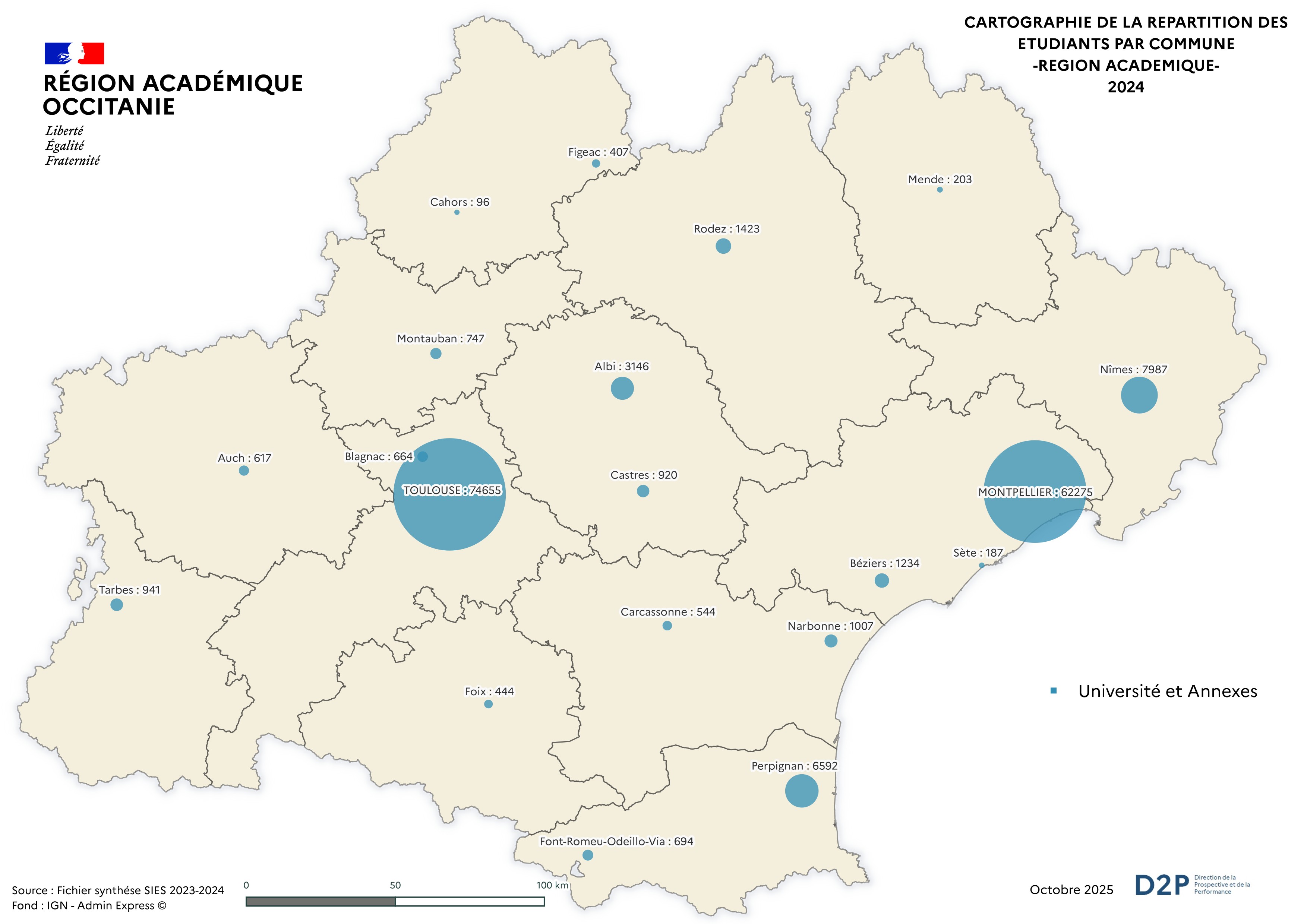 D2P - Carte des effectifs universitaires en Occitanie -Rentrée 2024