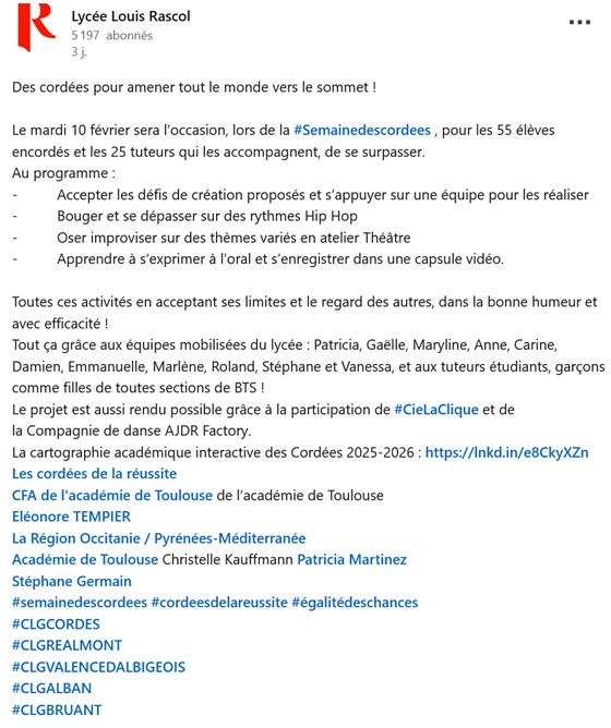Programme de la semaine des cordées 2026 au lycée Louis Rascol